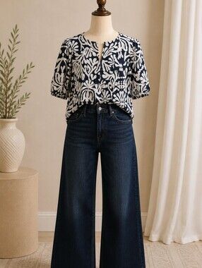 Panama Jack Linen Blend Navy & White Tropical Print Blouse Size Large